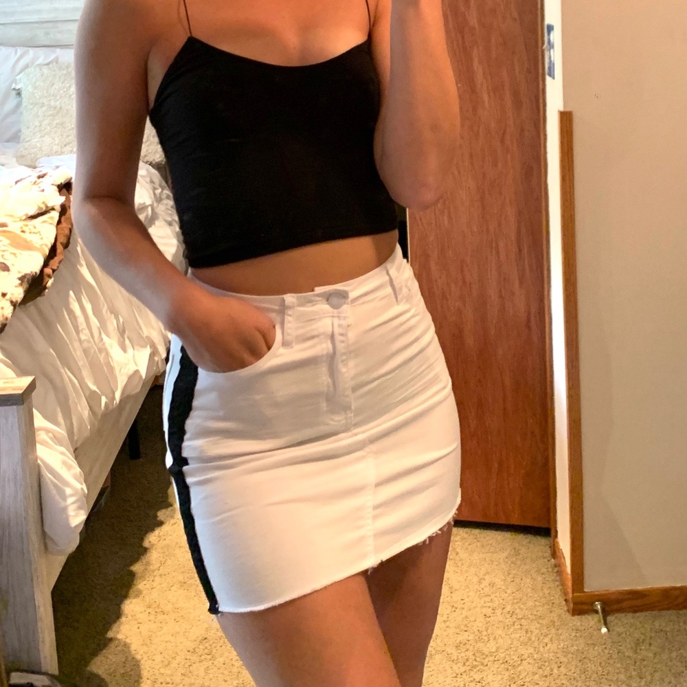 Jean skirt with black racer stripes